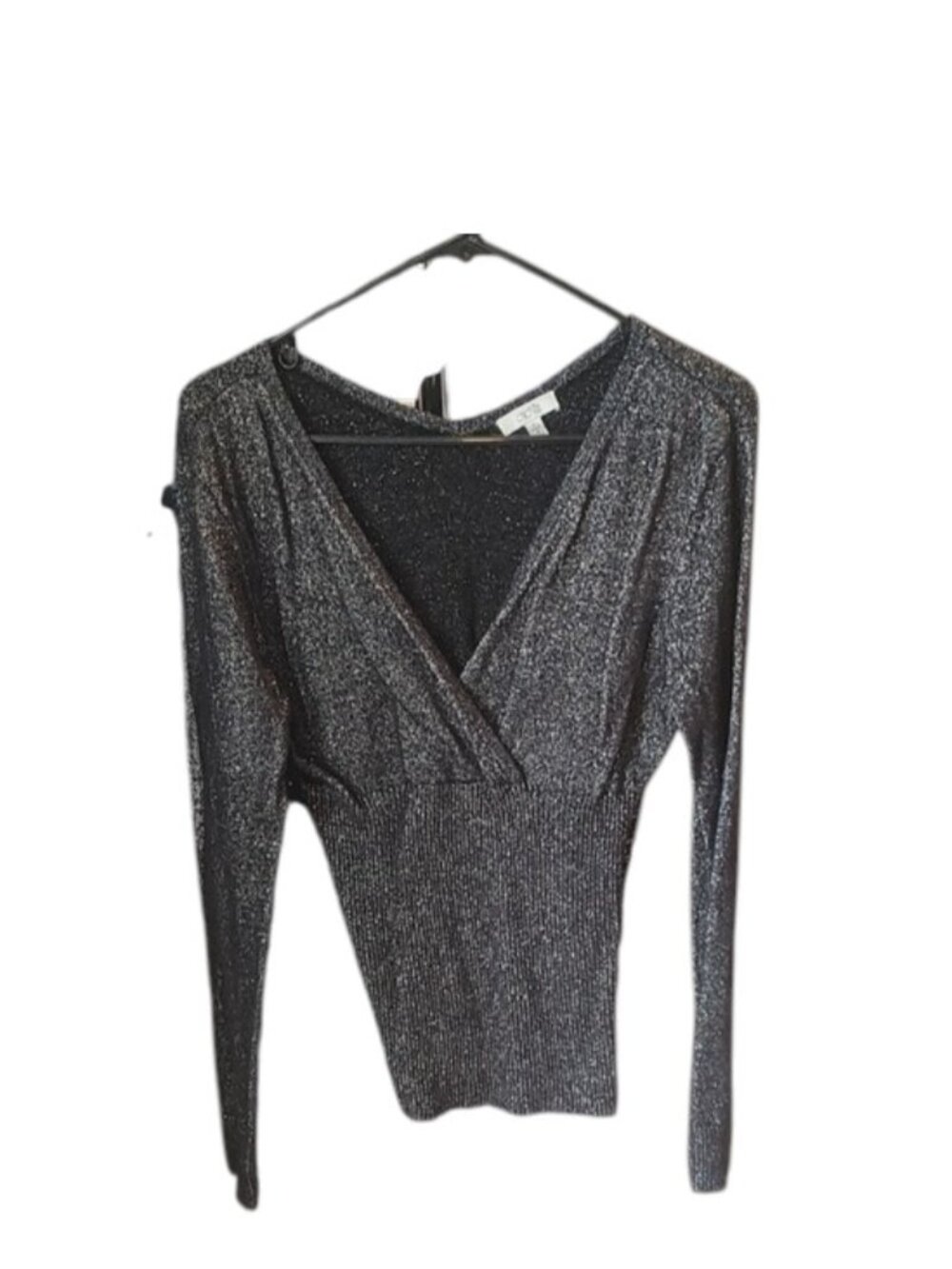 Cache | Metallic Silver V-Neck Long Sleeve Dress Top |  16 PTP